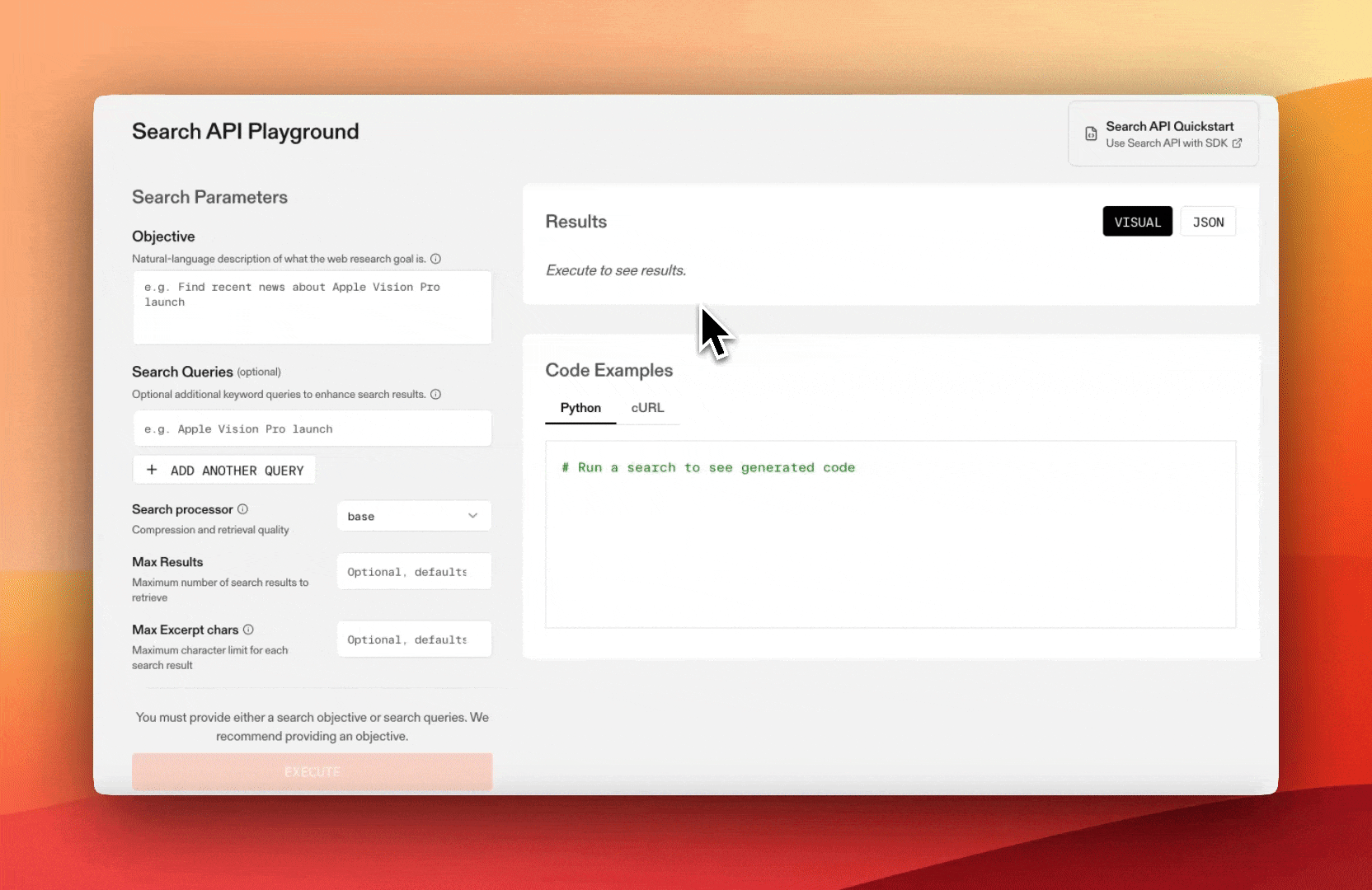 Search API Playground on the Parallel Developer Platform