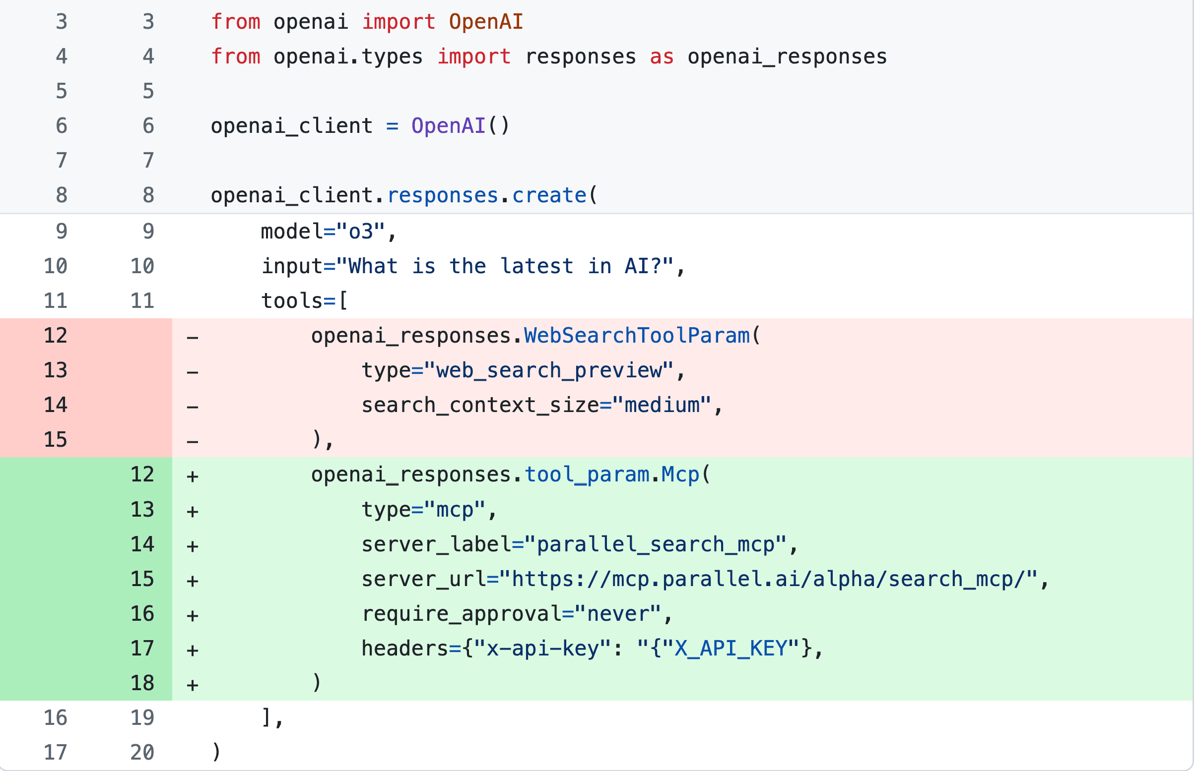 Example of replacing OpenAI Native Search with Parallel Search MCP